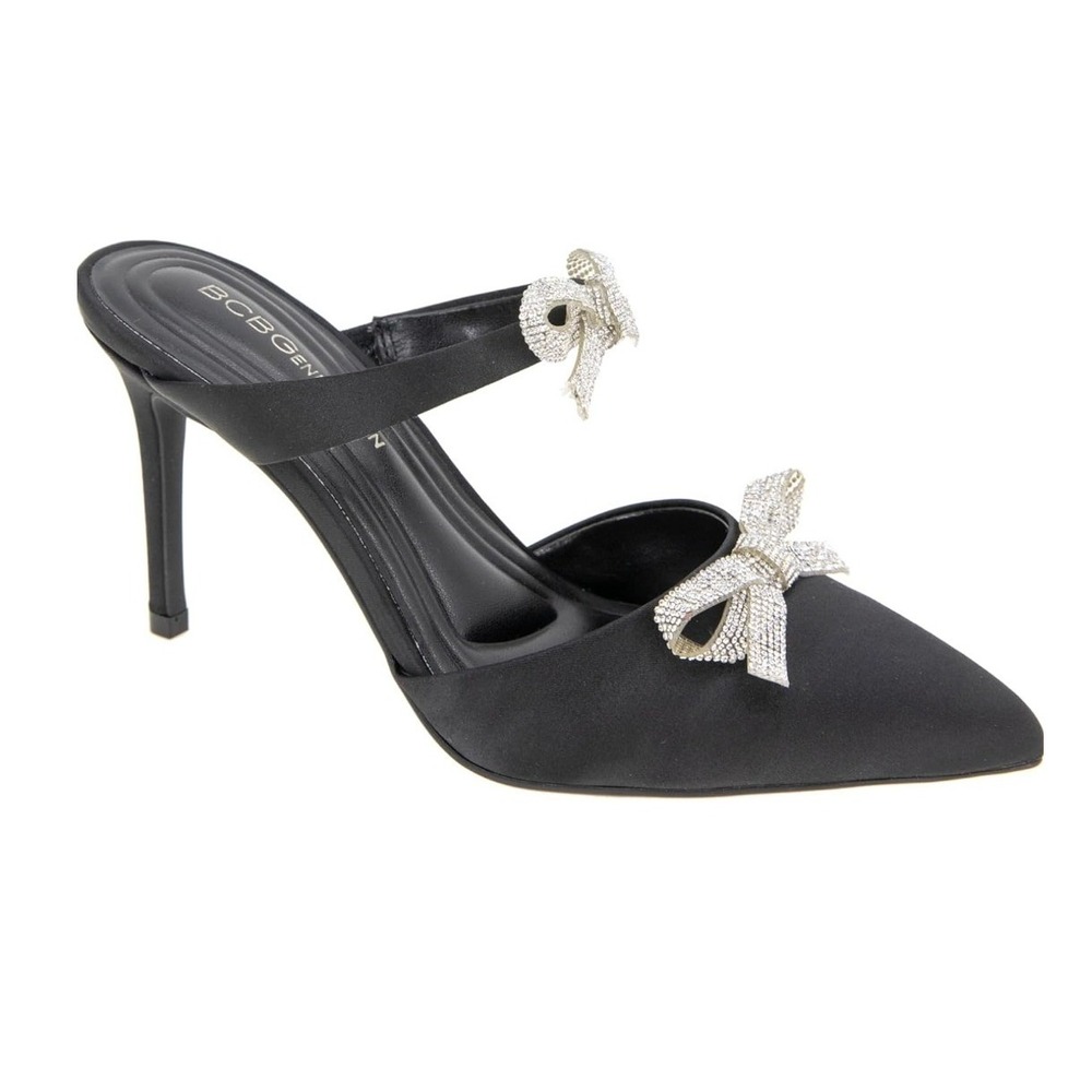 BCBGeneration Black Satin Rhinestone Bow Pointed Toe Mule Heels Women Size 5 NEW